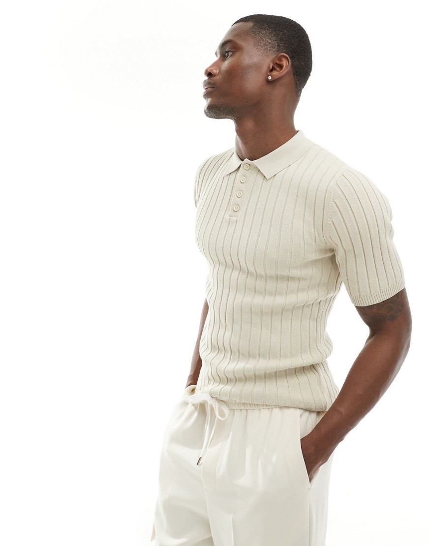 muscle lightweight knit rib revere polo T-shirt in stone-Neutral