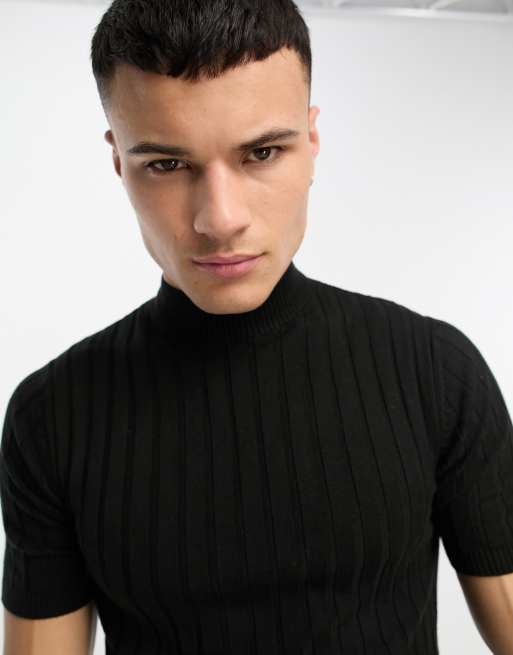 ASOS DESIGN knitted ribbed polo shirt in black