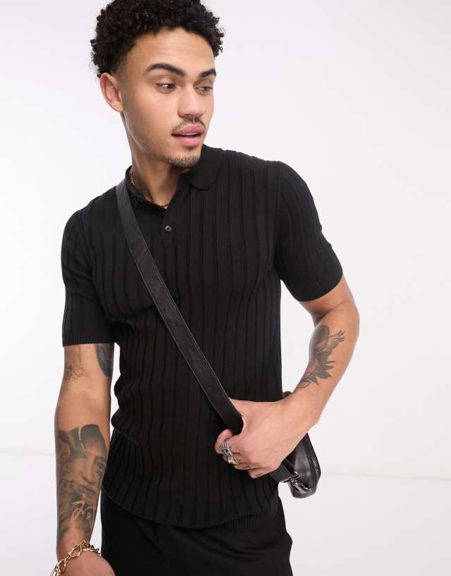 ASOS DESIGN muscle lightweight knit ribbed polo in black