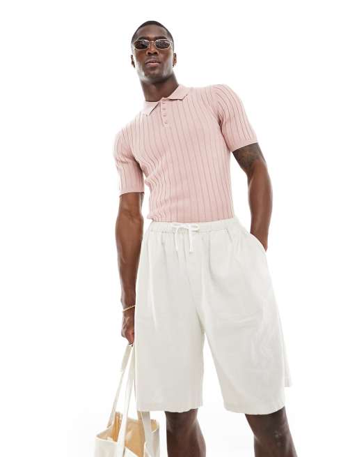ASOS DESIGN muscle lightweight knit ribbed polo T-shirt in pink