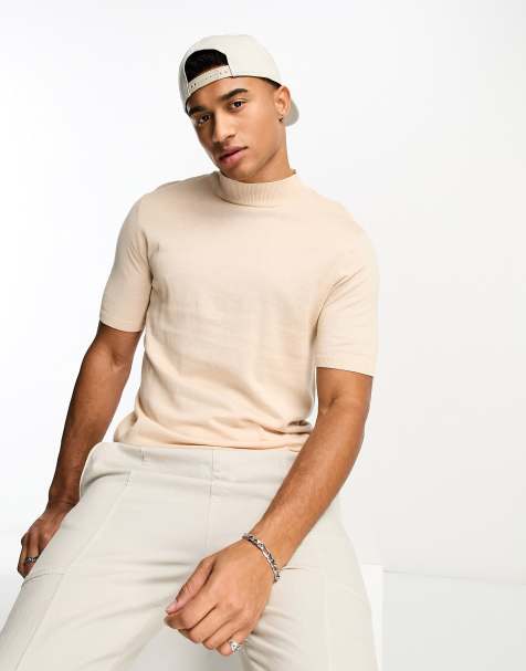 ASOS DESIGN muscle lightweight knitted cotton turtle neck t-shirt in beige