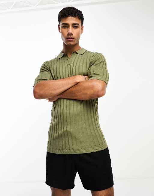 ASOS Knitted Ribbed Polo Neck T-shirt Khaki in Green for Men