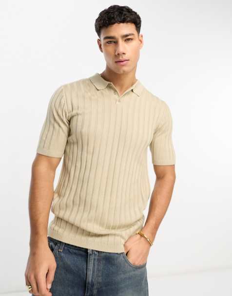 ASOS DESIGN muscle lightweight knitted rib polo in stone - view 1