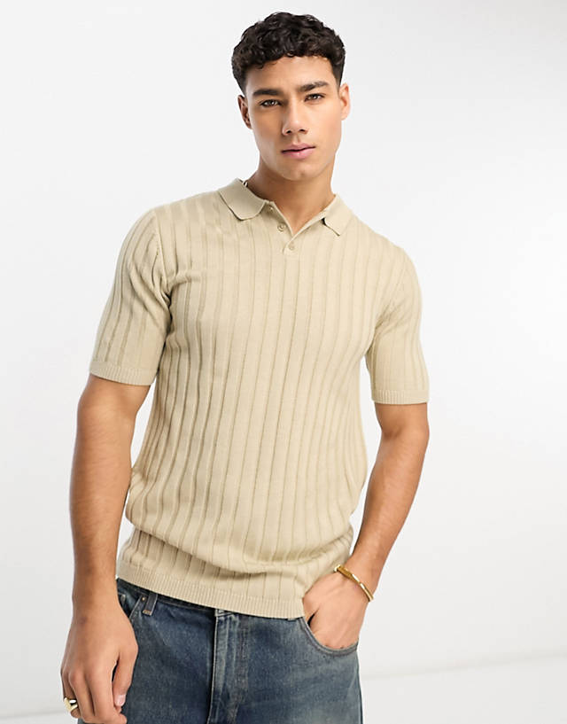 ASOS DESIGN - muscle lightweight knitted rib polo in stone