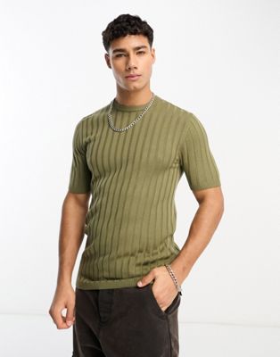 ASOS DESIGN muscle lightweight knitted rib t-shirt in khaki-Green