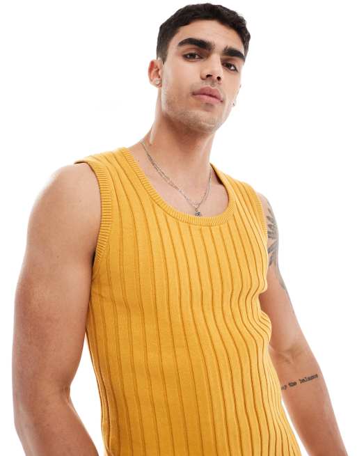 ASOS DESIGN muscle lightweight knitted rib tank top in mustard, 3 of 4