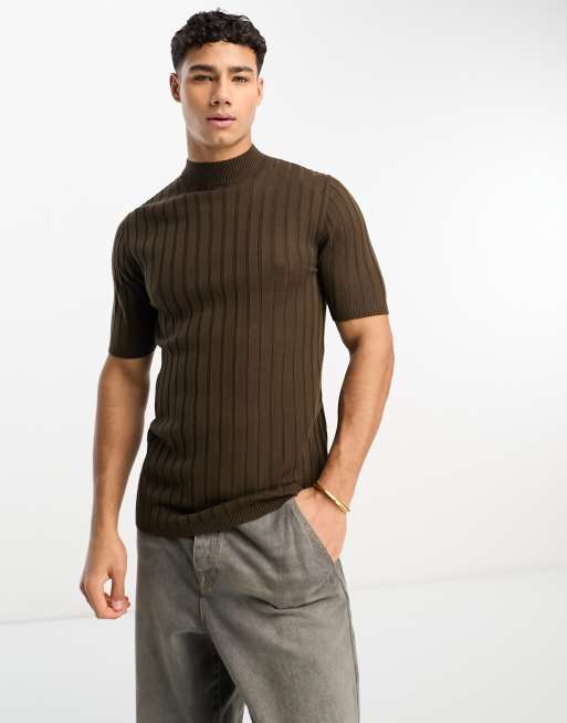 ASOS DESIGN muscle lightweight knitted rib turtle neck t-shirt in brown