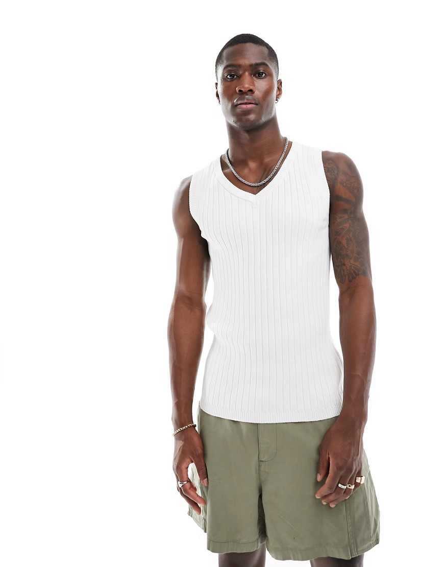 ASOS DESIGN muscle lightweight knitted rib V neck vest in white