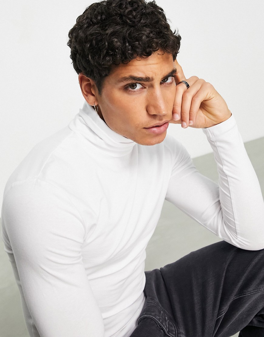 ASOS DESIGN muscle long sleeve jersey roll neck t-shirt in white