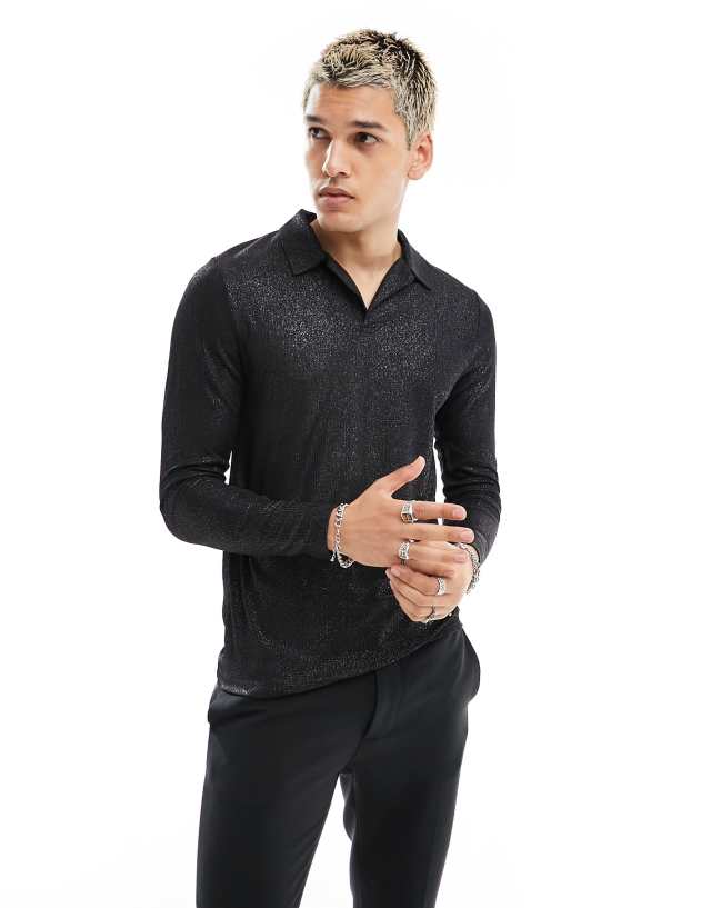 ASOS DESIGN - muscle long sleeve polo in black glitter rib with revere collar