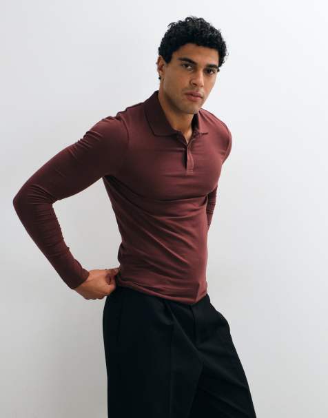 ASOS DESIGN muscle long sleeve polo in brown - view 1