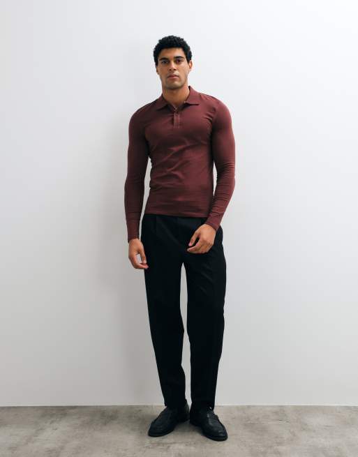 ASOS DESIGN muscle long sleeve polo in brown, 2 of 5