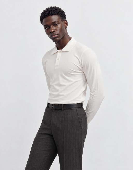 ASOS DESIGN muscle long sleeve polo in cream, 8 of 9