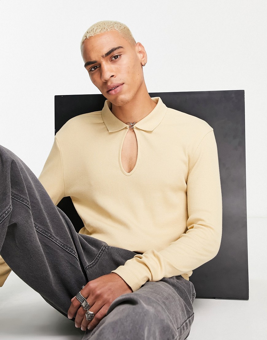 ASOS DESIGN muscle long sleeve rib polo with clasp in beige-Neutral