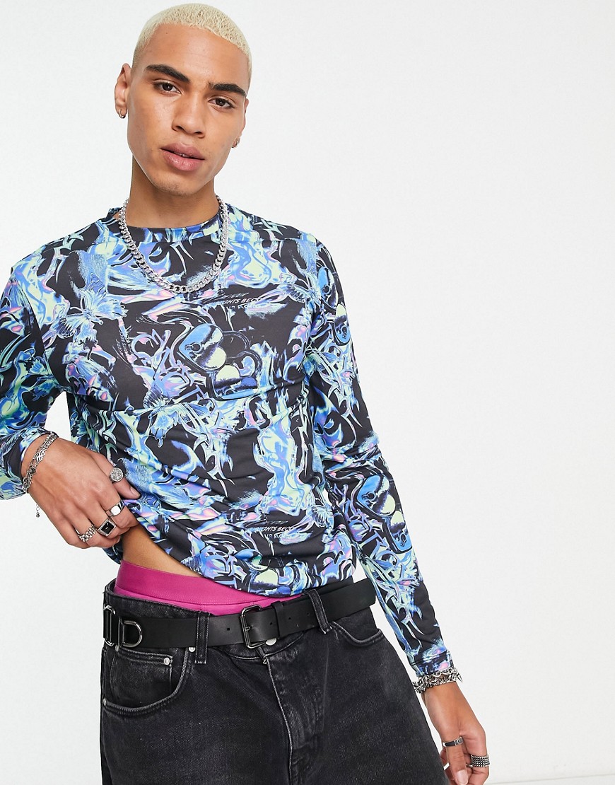 ASOS DESIGN muscle long sleeve t-shirt in all over print-Black