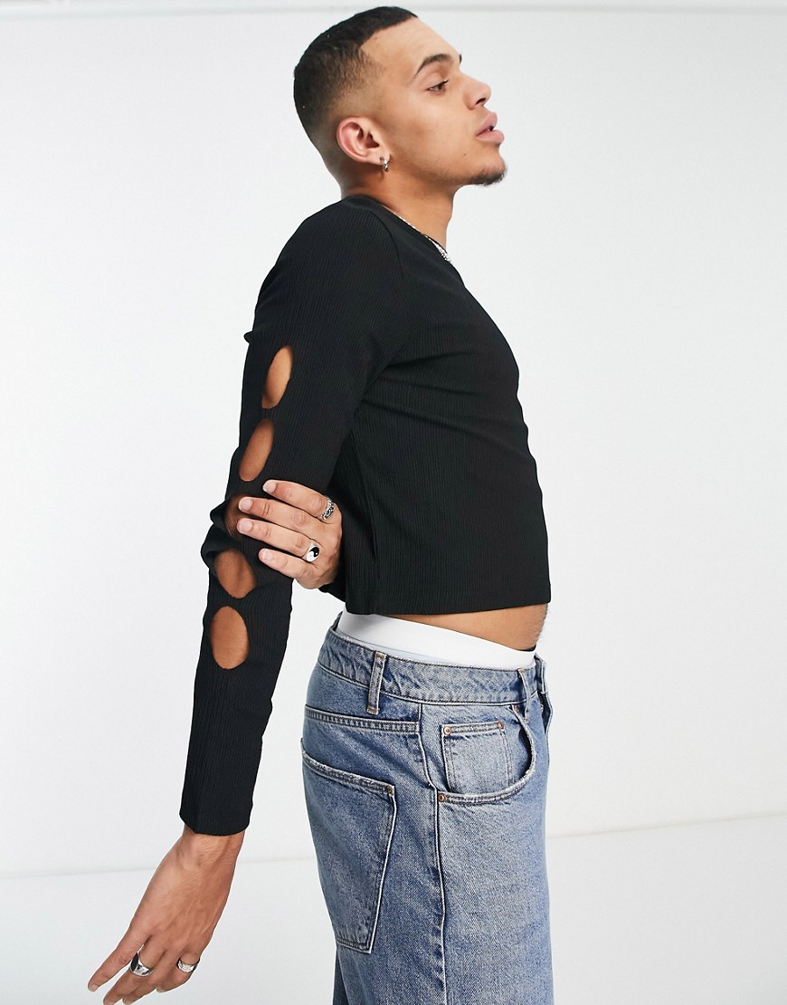 ASOS DESIGN muscle long sleeve t-shirt in black texture with sleeve cut outs