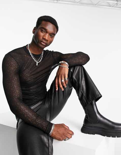 ASOS DESIGN muscle long sleeve t-shirt in black textured lace - view 1
