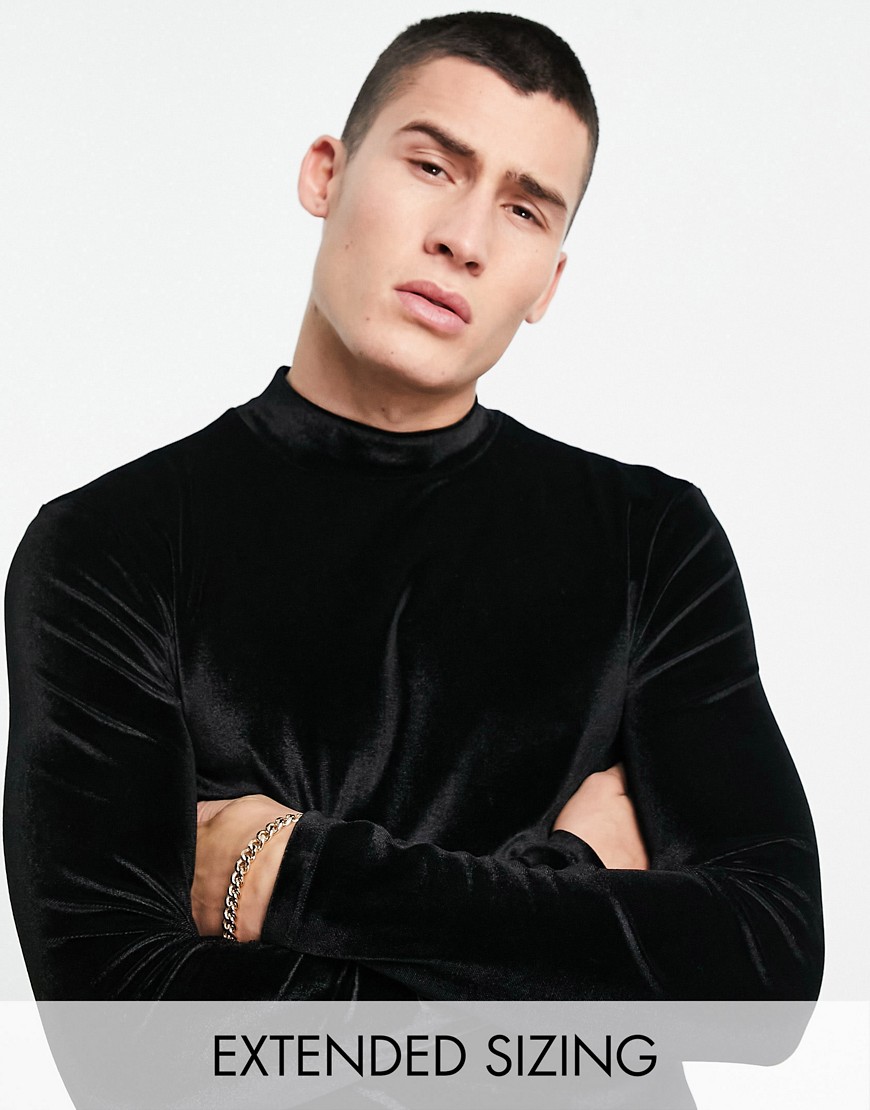 ASOS DESIGN muscle long sleeve t-shirt in black velour with turtle neck
