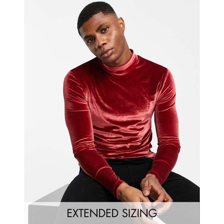 ASOS DESIGN muscle long sleeve t shirt in burgundy velour with