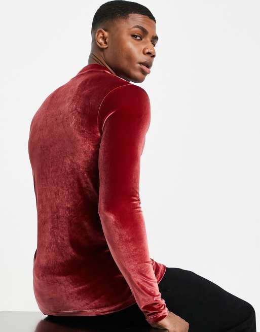 ASOS DESIGN muscle long sleeve t-shirt in burgundy velour with turtle neck