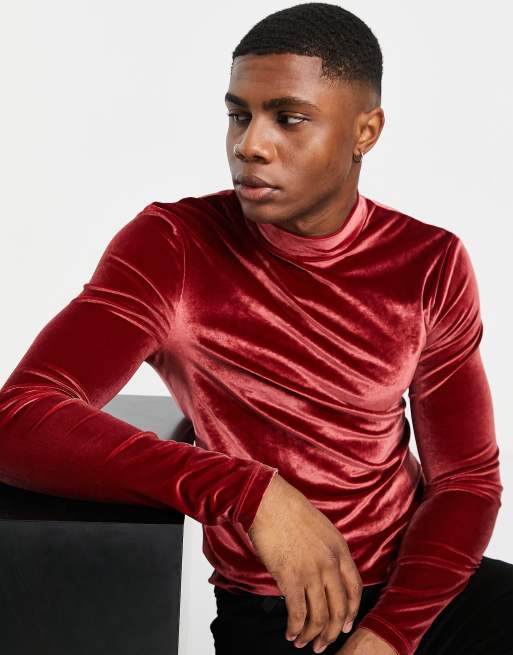 ASOS DESIGN muscle long sleeve t-shirt in burgundy velour with turtle neck