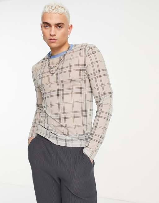 ASOS DESIGN muscle long sleeve t-shirt in check printed power mesh