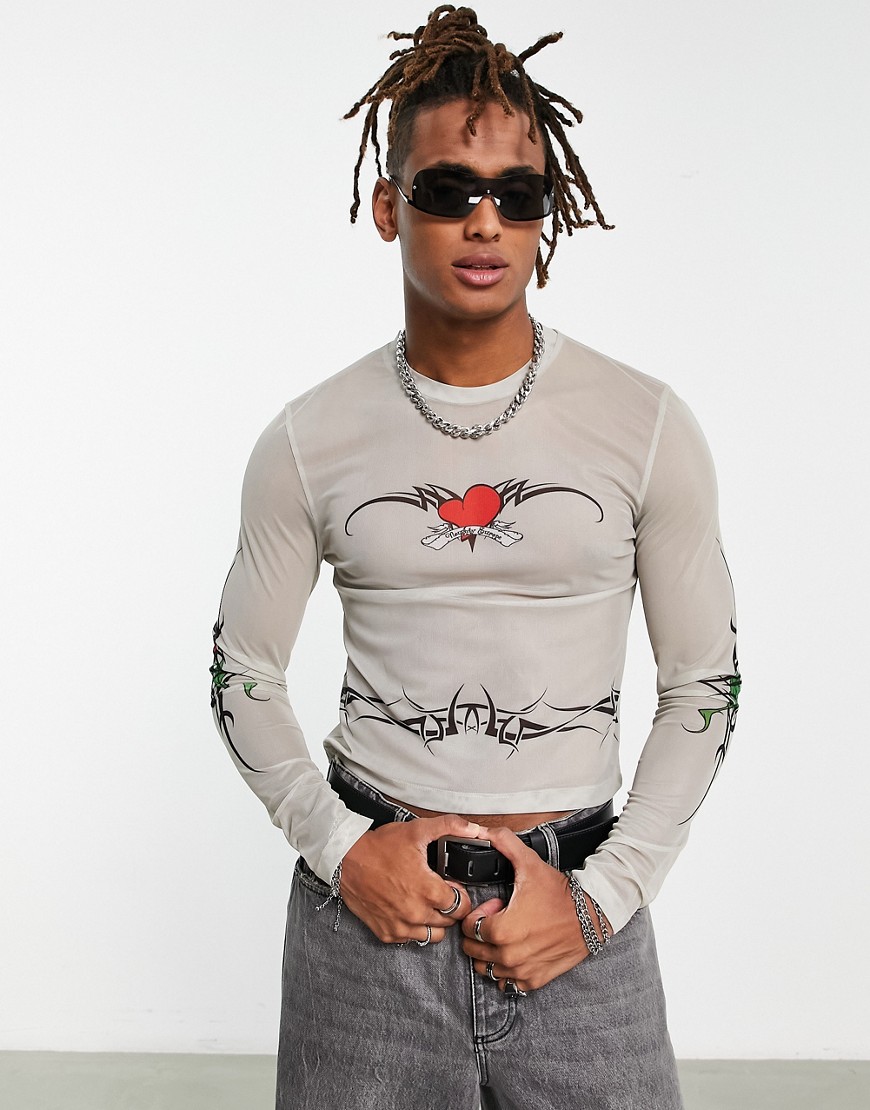 ASOS DESIGN muscle long sleeve t-shirt in ecru mesh with tattoo print-Neutral