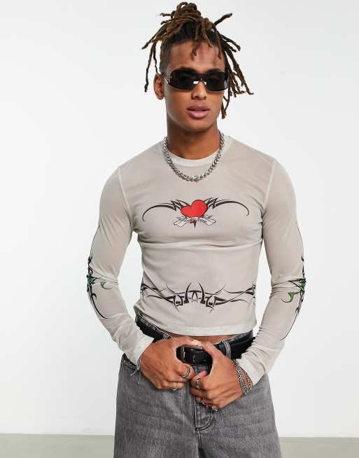 ASOS DESIGN muscle long sleeve T-shirt in ecru mesh with tattoo print