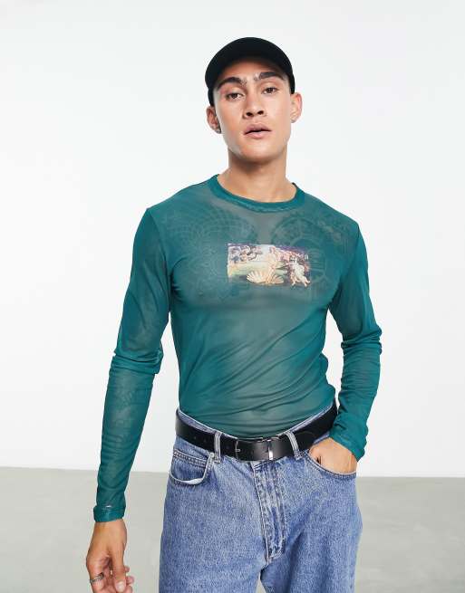 ASOS DESIGN muscle long sleeve t-shirt in green mesh with front print 