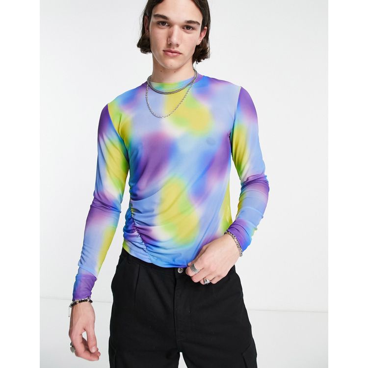 Multi Abstract Top Crew Neck Mesh Contrast Print Long Sleeves