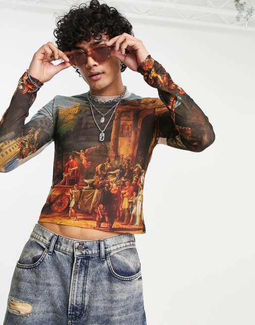 ASOS DESIGN muscle long sleeve t-shirt in scenic printed mesh
