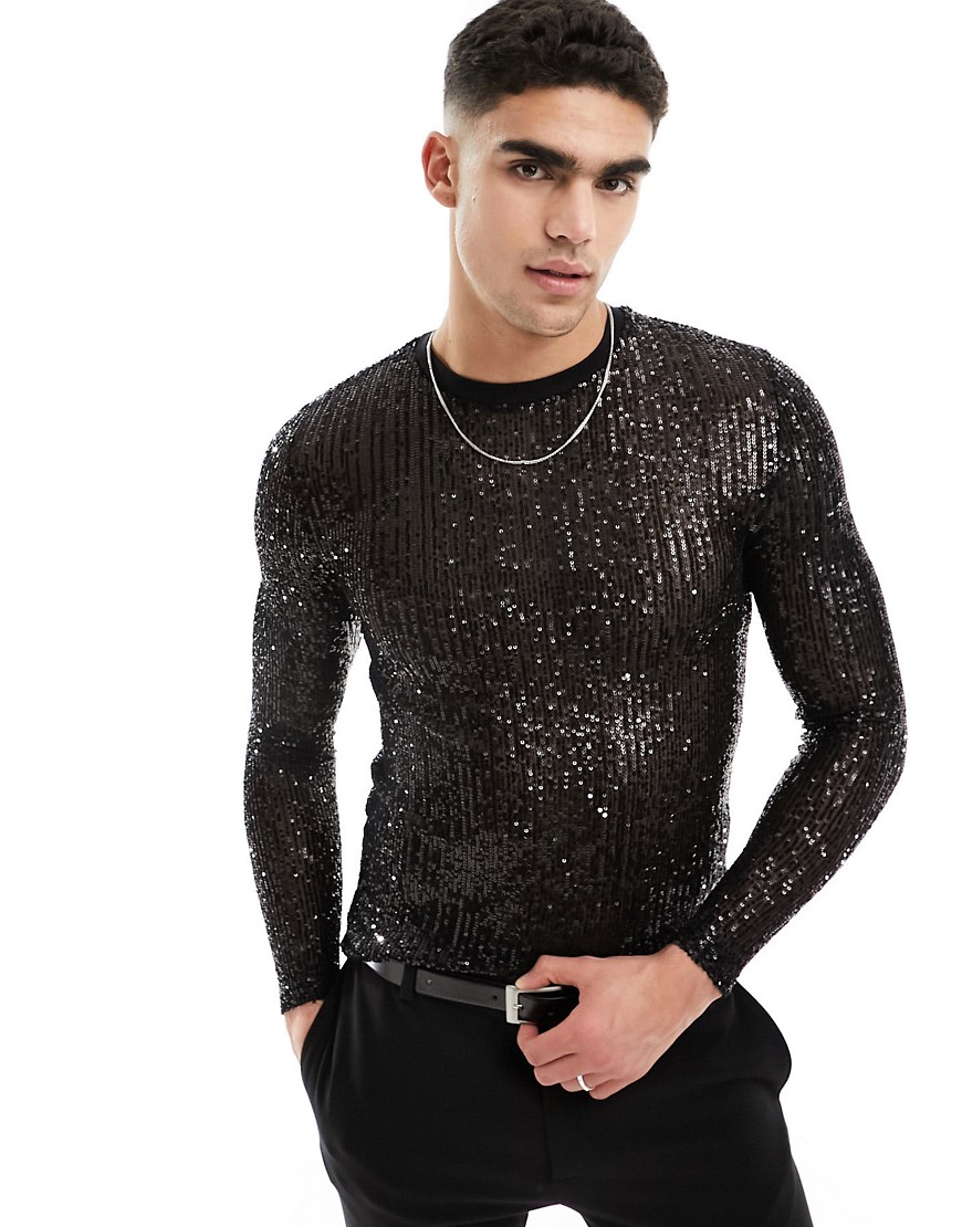ASOS DESIGN muscle long sleeve t-shirt in sequin mesh-Black