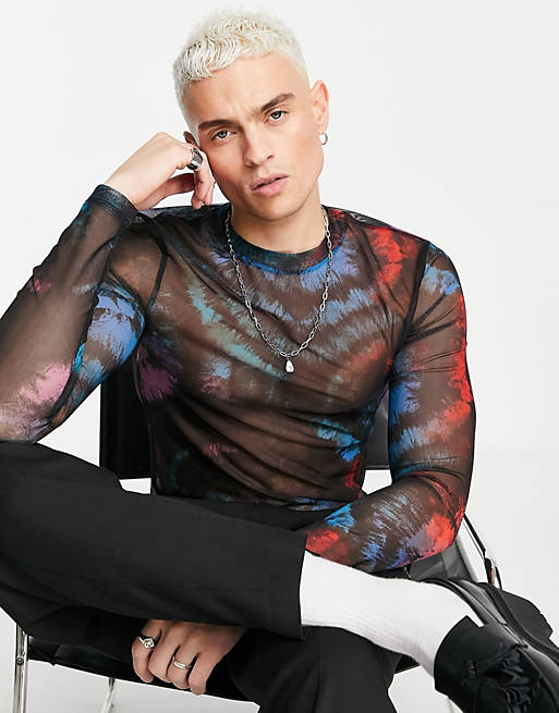 Men muscle long sleeve t-shirt in tie dye print power mesh 