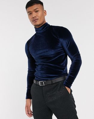 ASOS DESIGN muscle long sleeve t-shirt in velour and roll neck in navy ...