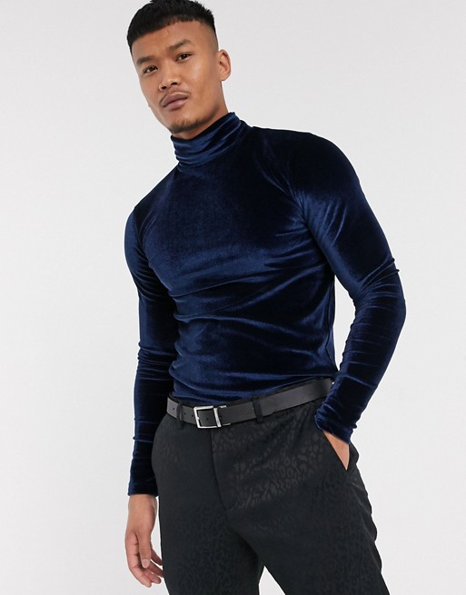 ASOS DESIGN muscle long sleeve t-shirt in velour and roll neck in navy