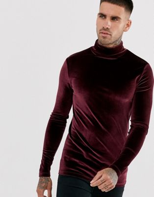ASOS DESIGN muscle long sleeve t-shirt in velour with roll neck in ...