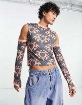 ASOS DESIGN muscle long sleeve T-shirt with cut outs in all over print