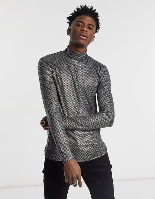 ASOS DESIGN muscle long sleeve t-shirt with roll neck in silver fabric