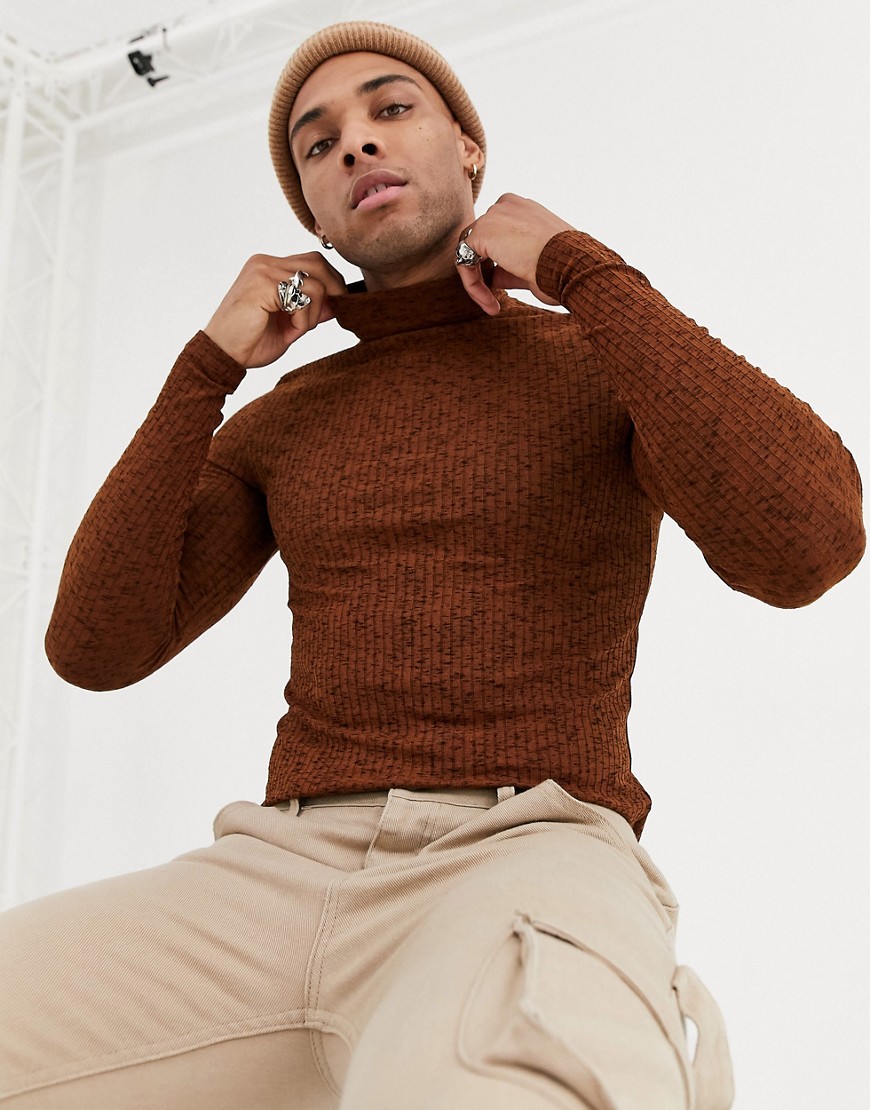 Asos Design Muscle Long Sleeve T-shirt With Roll Neck In Twisted Rib-brown