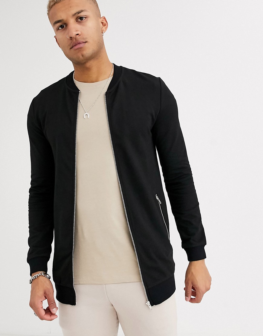 ASOS DESIGN muscle longer length jersey bomber jacket in black with silver zip pockets