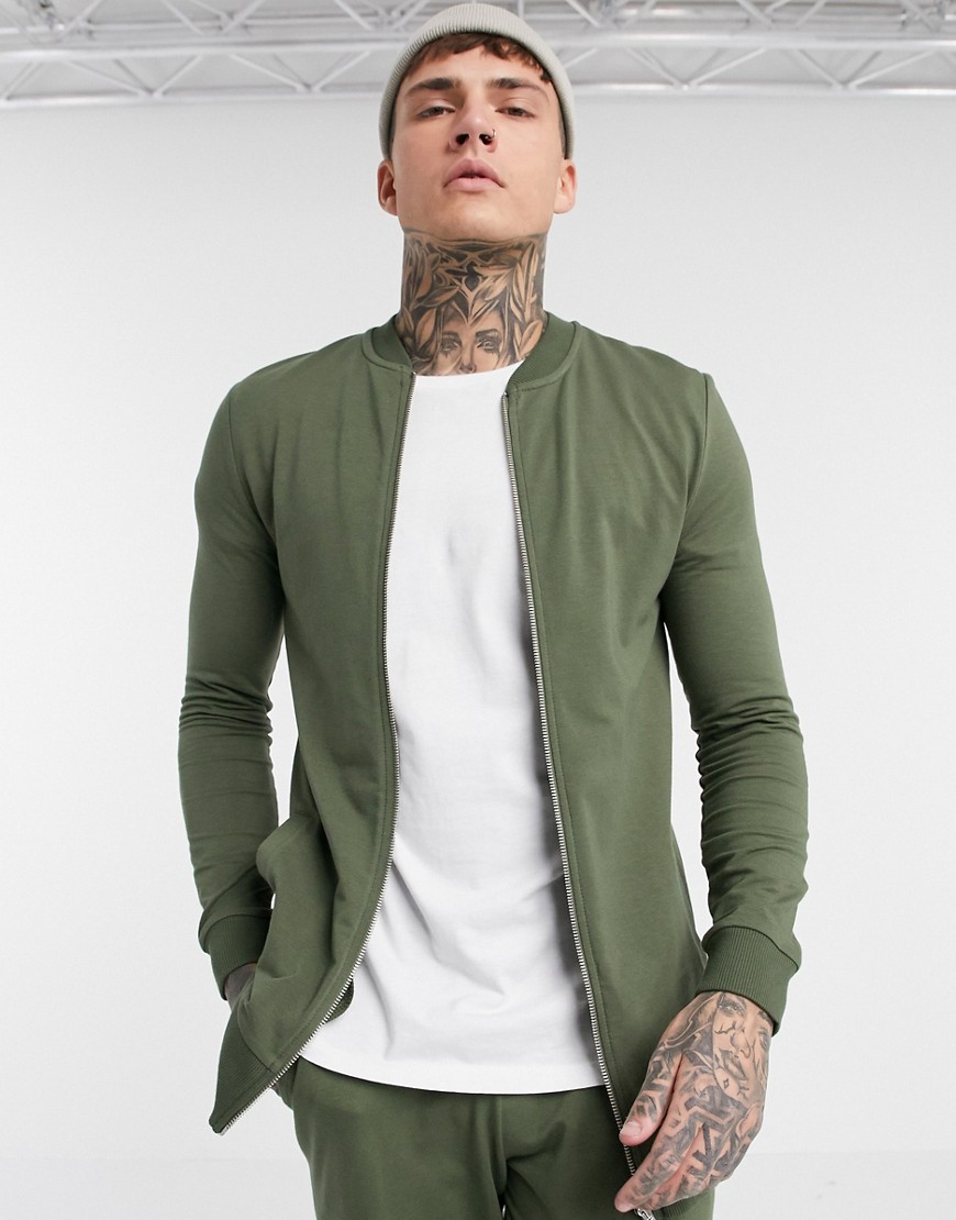 ASOS DESIGN muscle longer length jersey bomber jacket in khaki-Green