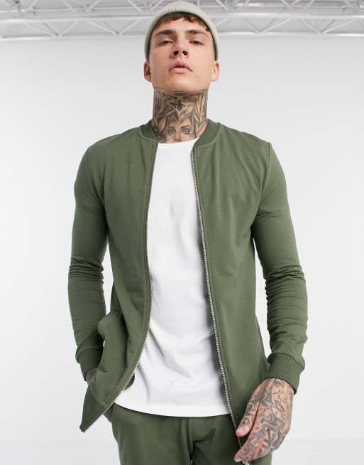 ASOS DESIGN muscle longer length jersey bomber jacket in khaki