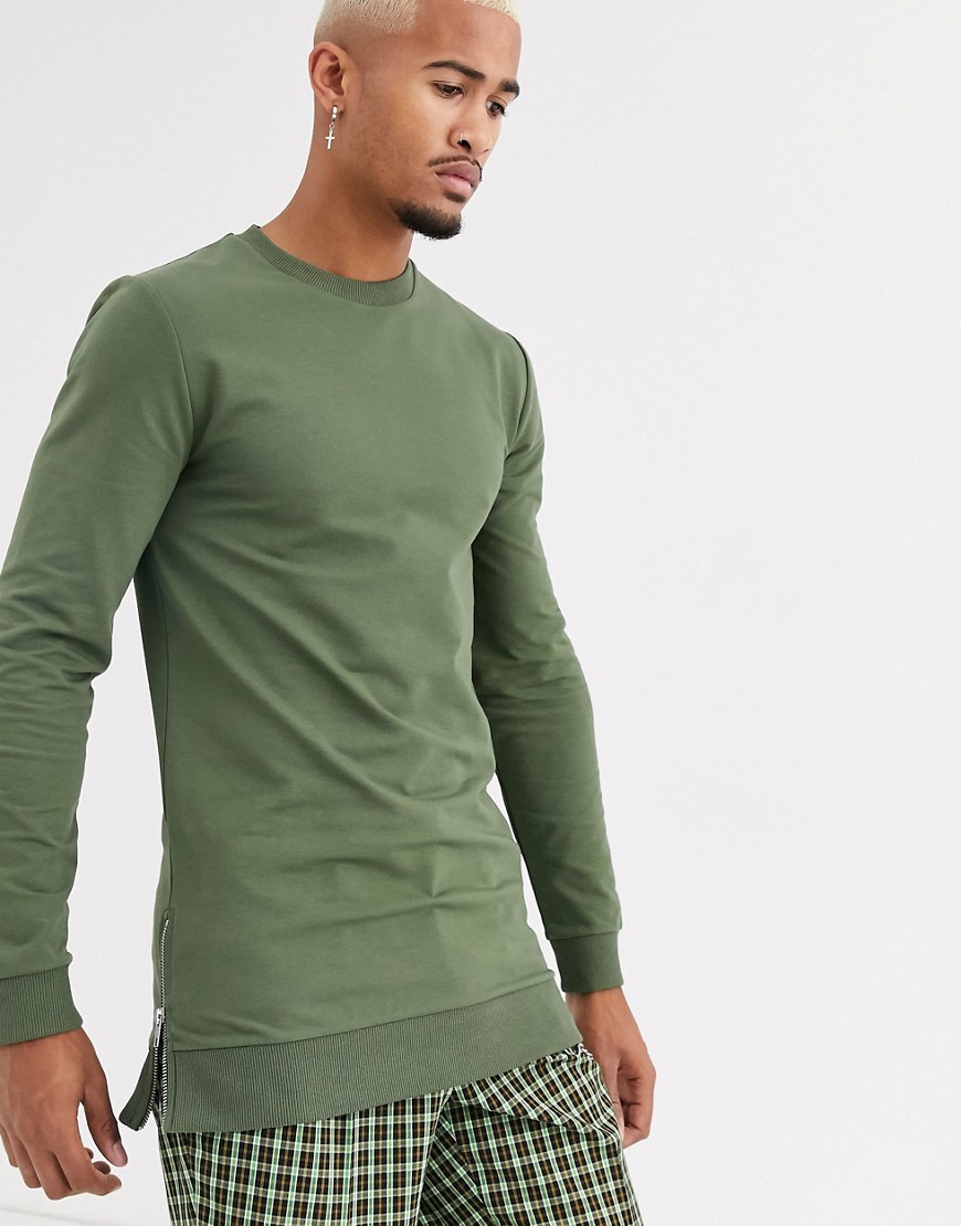 ASOS DESIGN muscle longer length sweatshirt in khaki with silver side zips-Green