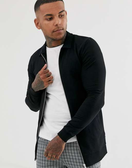 ASOS DESIGN muscle longline harrington jersey jacket in black ASOS
