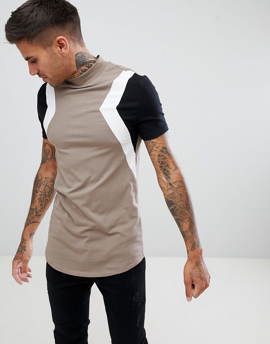 ASOS DESIGN muscle longline t-shirt with stretch and cut and sew in beige-Brown