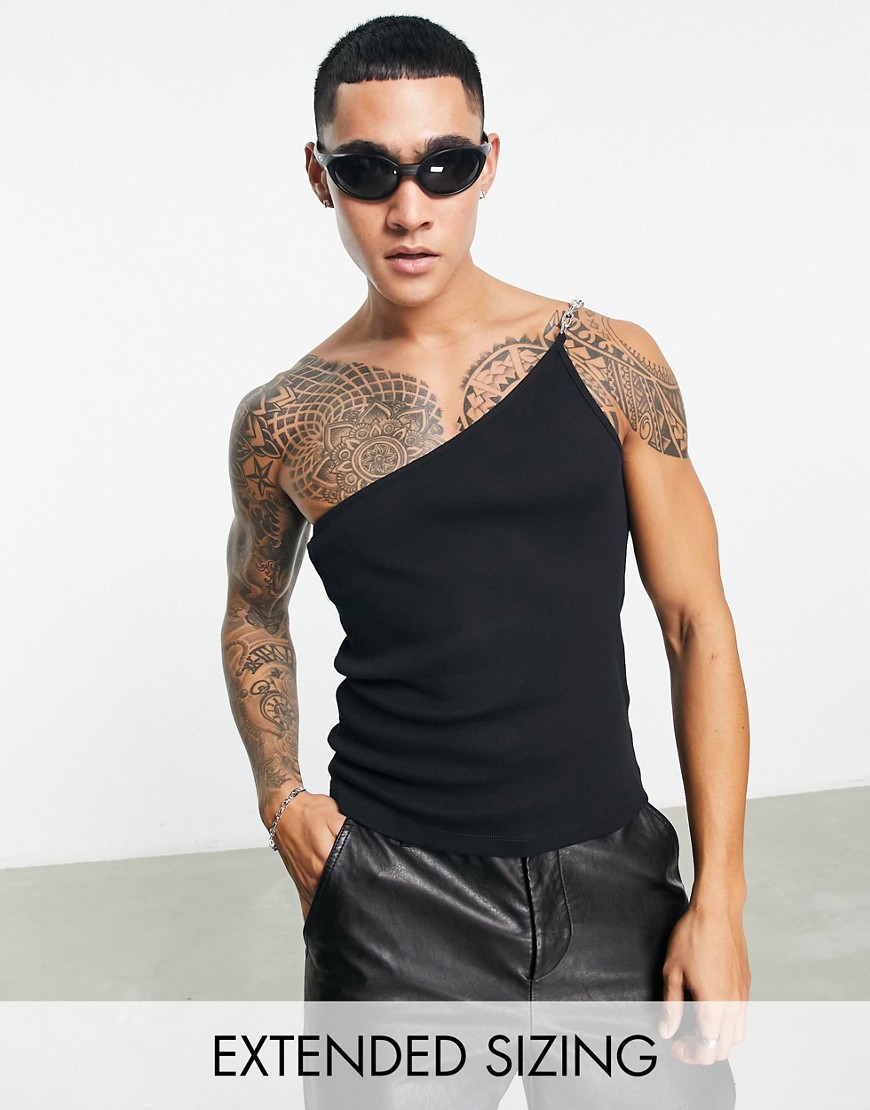 ASOS DESIGN muscle one shoulder vest with chain strap in black