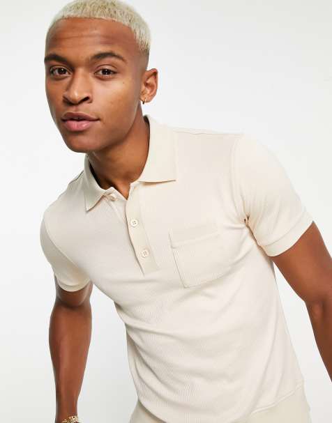 ASOS DESIGN muscle polo in smart rib in beige - view 1