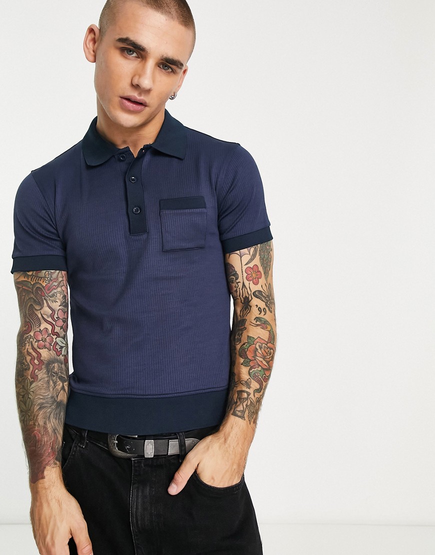 ASOS DESIGN muscle polo in smart rib in navy