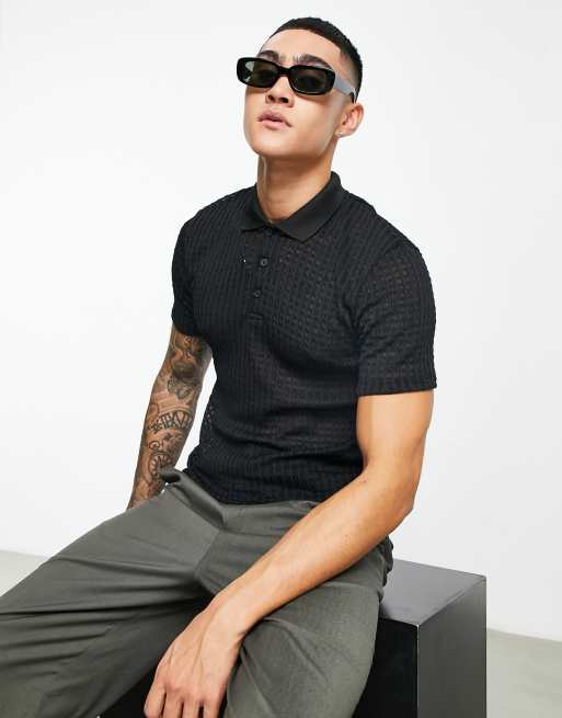 ASOS Knitted Ribbed Polo Shirt in Black for Men