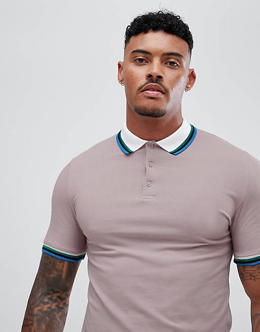 ASOS DESIGN muscle polo shirt with stretch and bright contrast tipping ...